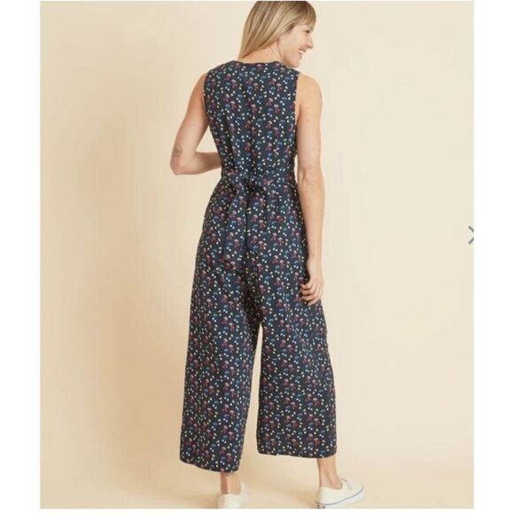 NWT Marine Layer Holli Sleeveless Jumpsuit Blue Cherry Print Pockets Tie Belt XS - Picture 2 of 14